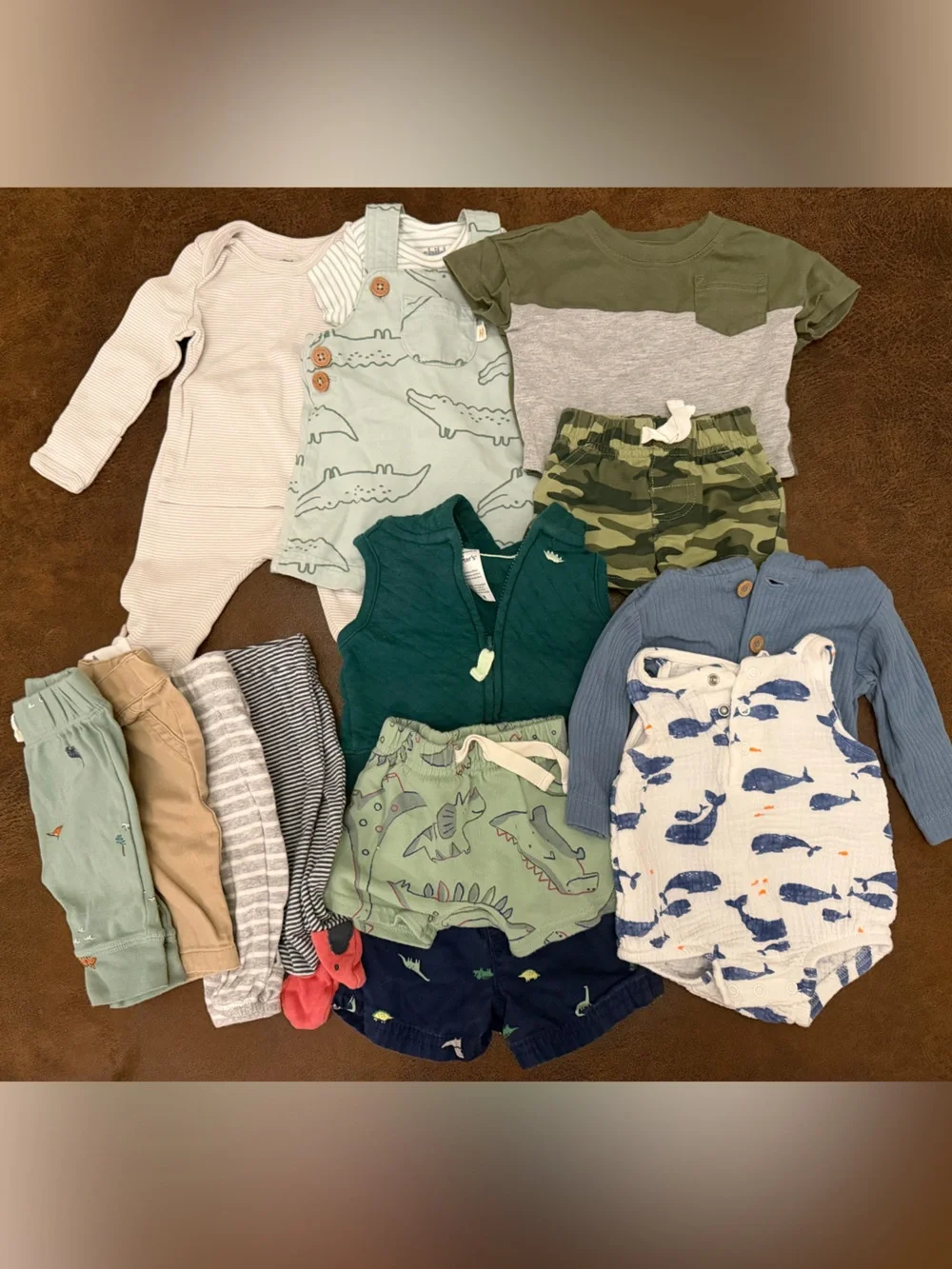 15 Piece Baby Boys Mixed Outfit Bundle — Greens, Blues & Neutrals